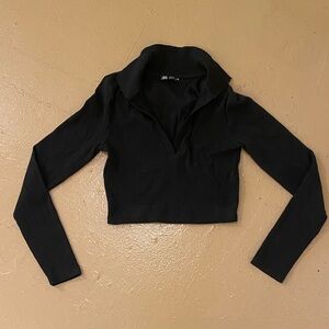 Zara Black Collared Long Sleeve Crop Top